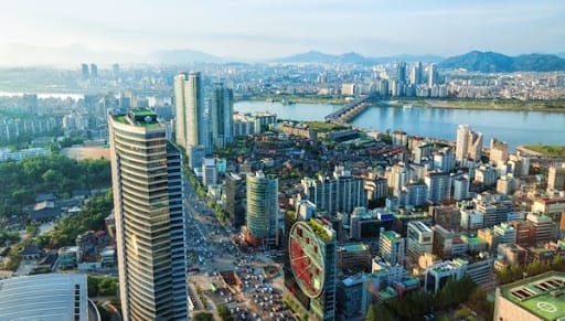 Looking out over downtown Seoul and the Han River.